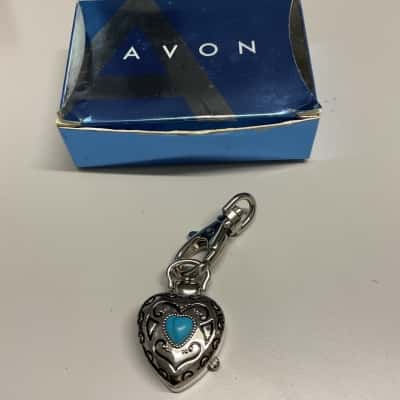 Avon  pocket keychain watch heart shaped hinged silver tone turquoise blue