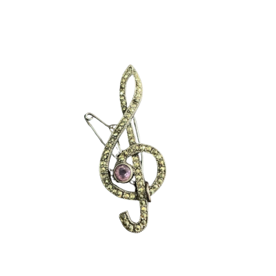  Womens Vintage Marcasite Silver (stamped) Treble Clef Brooch with Amethyst stone Purple / Silver 