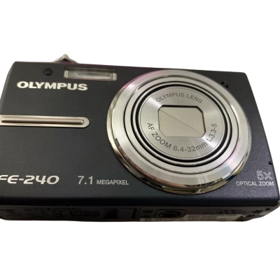 Olympus FE-240 digital camera, a compact camera released in the mid-2000s known for its slim body and zoom capabilities