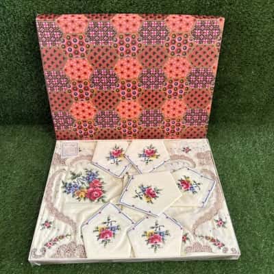Vintage Hand Embroidered Floral Tablecloth & Napkins (Boxed)