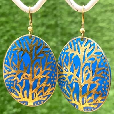 Blue/Gold-Tone Tree Patterned Earrings