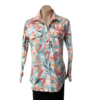 RB Sellars Womens Size 12 White / Coral / Green / Orange / Pattern Long Sleeve Shirt 