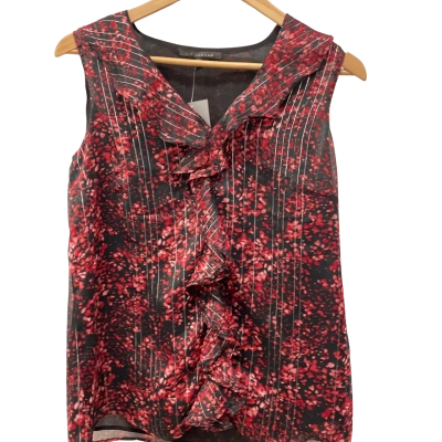 Liz Jordan Womens  Size 8 Frill neck Lurex Print Blouse Black / Floral / Red 