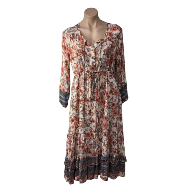  New U Collection Womens Size 12 Beige / Blue / Coral / Brown Floral Long Sleeve Midi Dress 