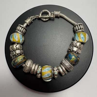  Charm Bracelet Ocean Toned Blue Beads in a Pandora Style