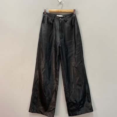 Atmos&Here Womens  Size 6 Faux Leather High Waist / Wide Leg Pants Black  