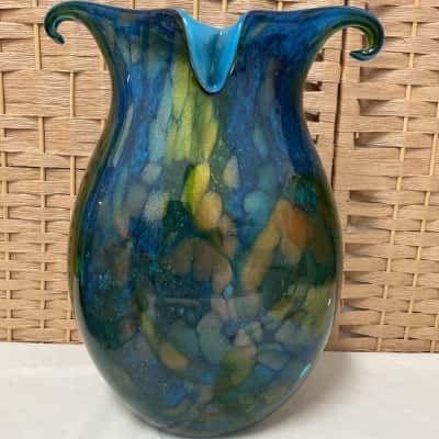 Stunning Zibo Sirene Vase oceanic blue & green glittering gold flecks & curled rim Homewears Flowers 