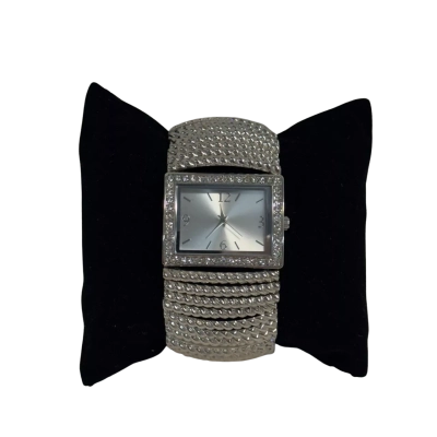 Charter Club Twisted Silver Metal and Crystal Bezel Stretch Wrist Watch