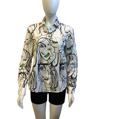 Brand New Desigual Womens AUS Size M Printed Long Sleeve Shirt White / Black 