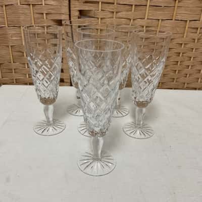 Vintage Set Of Six Diamond Cut Crystal Short Stemmed Champagne FlutesWedding Party Formal Antique Birthday Gift 