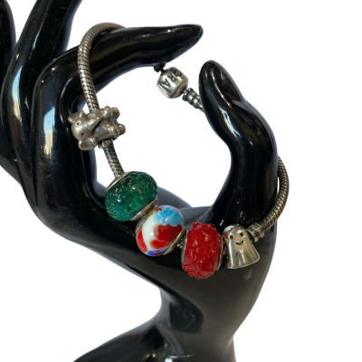 PANDORA CHARM BRACELET with Pandora Ghost and Elephant Charms, other charms - Red (marked Murano Italy) Spotted and Green (maked Sogni Di Murano Italy),  Charm Bracelet 