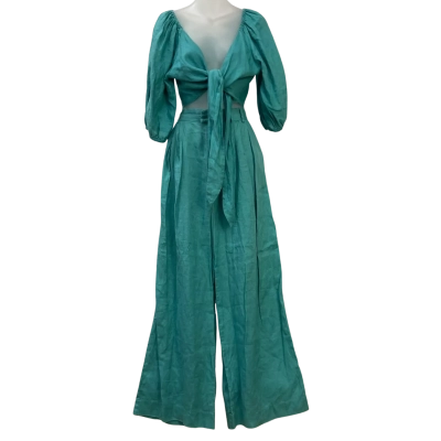 Brand New - Seed Heritage - Womens 100% Linen Knot Front Top and Wide Leg Pants Set - Size 10 - Deep Aqua 