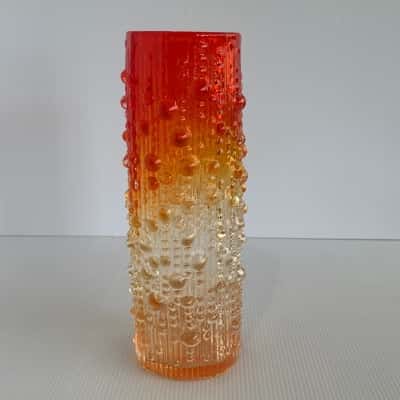 Mid Century Tajima Japan Textured Bark Glass Vase - Red Orange Ombre Hobnail
