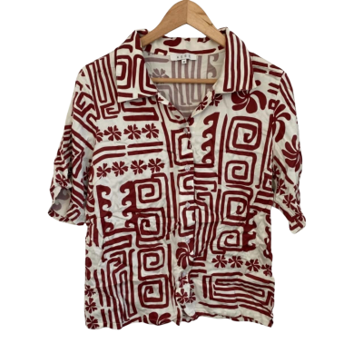 AERE Womens  Size 10 Button Up Top / Short Sleeve Top Pattern / Red / White 