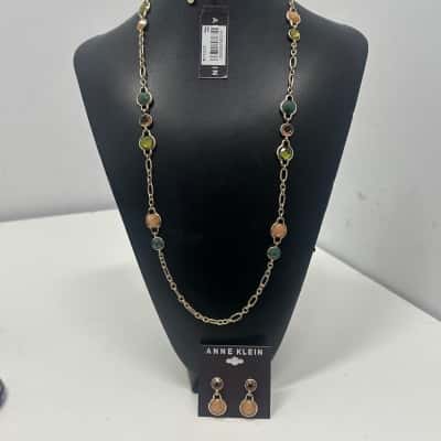 Anne klein Womens Earrings / Necklace Gold Tone with Beige Green An Blue Stones