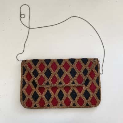 LJA Black Red Gold Beaded Clutch Cross Body Bag 