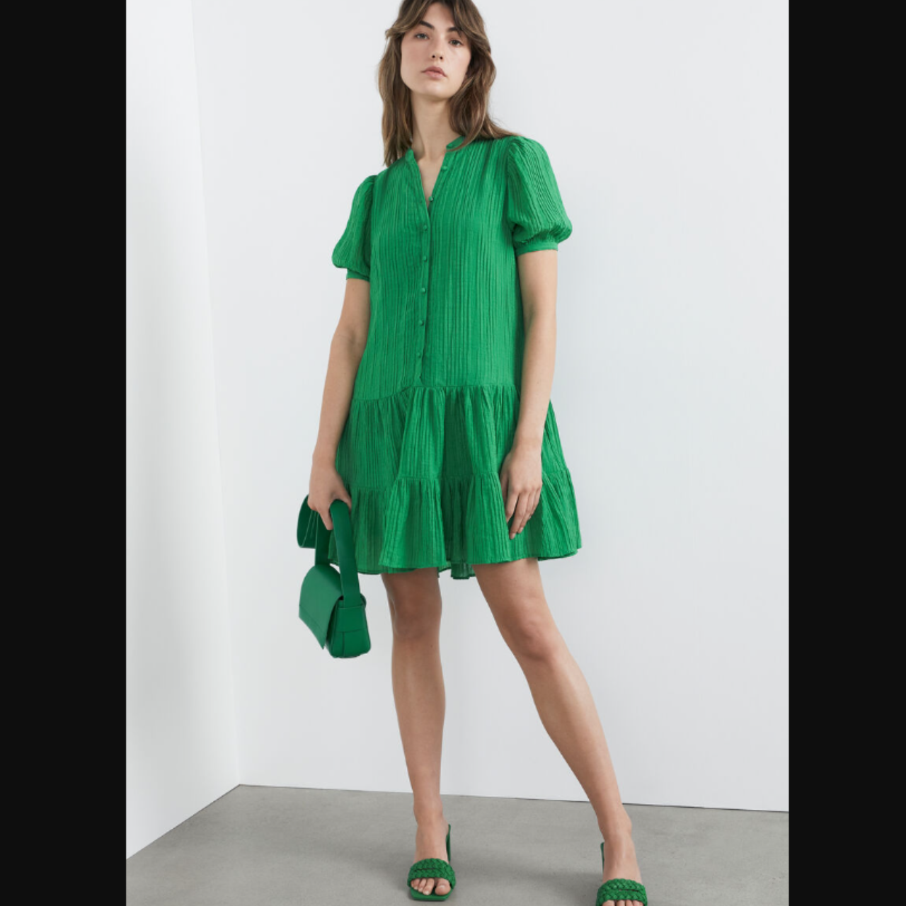 French Connection TEXTURED BUTTON THROUGH Jade Green DRESS Size 12/L(s)