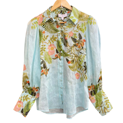 Witchery Womens  Size 6 Evergreen Silk Linen Placed Print Blouse Blue / Floral 