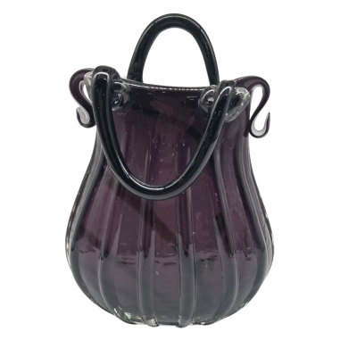 MURANO ITALIAN BLOWN ART GLASS VASE WITH A RIBBED TEXTURE AND IRIDESCENT FINISH