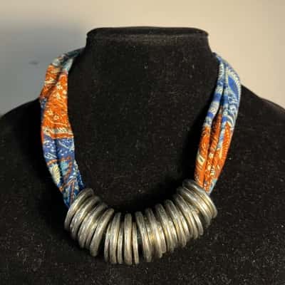 Orange & Blue Fabric Necklace With Silver Tone Hardware