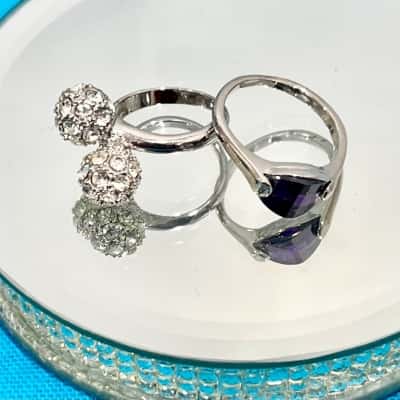 Silver Gemstone Double Ball Ring & Silver Purple Gemstone Ring 