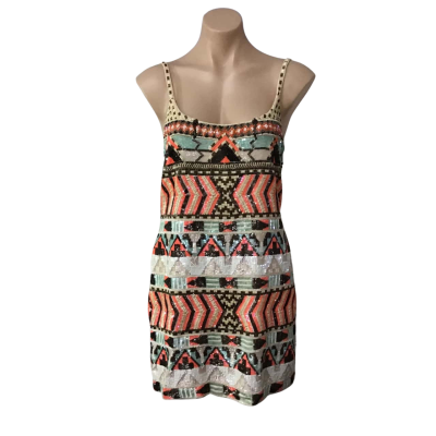 Forever New Womens Size 10 Multicoloured Embellished Aztec Shoestring Strap Mini Tank Dress (new)
