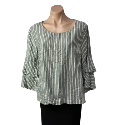 Worthier Womens Size S/M Green / White Striped 100% Linen 3/4 Sleeve Top