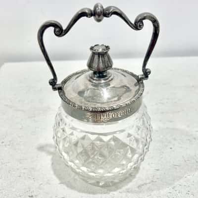 Vintage Silver Trimmed Hallmarked Glass Canister w/ Silver Handle 