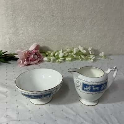 Coalport "Revelry" White / Blue Cherub Pattern Bone China Footed Open Sugar Bowl & Milk Jug