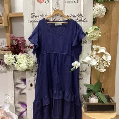Carolina Brand! NWOT, HANDCRAFTED IN COLUMBIA SOUTH AMERICA! RUFFLED SLEEVES & HEMLINE BABYDOLL STYLE DRESS! Lemke Berlin Womens  Size XL Babydoll Dress / Maxi Dress / Short Sleeve Dress  Navy Blue 