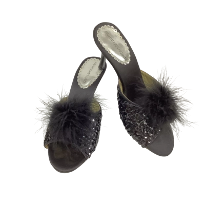 Peter Alexander Womens  Size 7 Sequinned Heels with Feather Pom Pom Black  