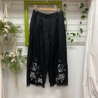 Gorman Womens  Size 14 Embroidered Wide Leg Pants Black  / White 