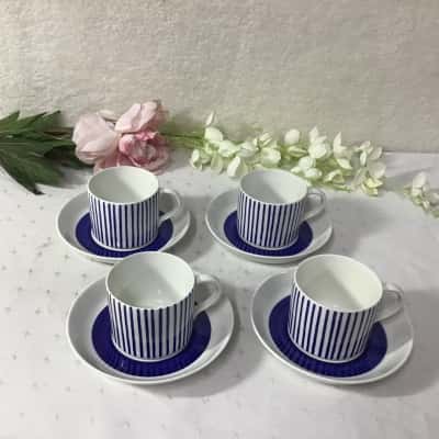 Vintage Rorstrand "Kadett" 4 Sets White / Blue Striped Ceramic Cups & Saucers