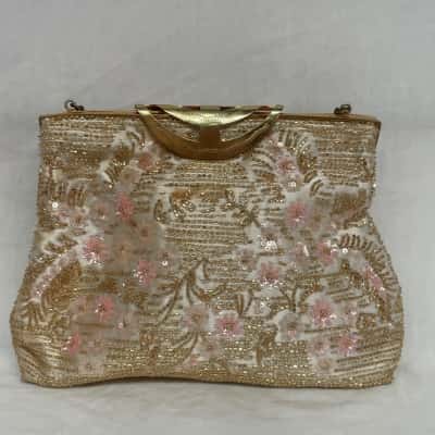  VINTAGE Beaded Evening Handbag Gold / Pink 