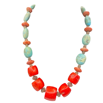  Womens Beaded Necklace Red / Silver / Turquoise 