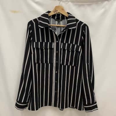 Portmans Women's Size 10 Long Sleeve Shirt Black  / Striped / White RRP$70