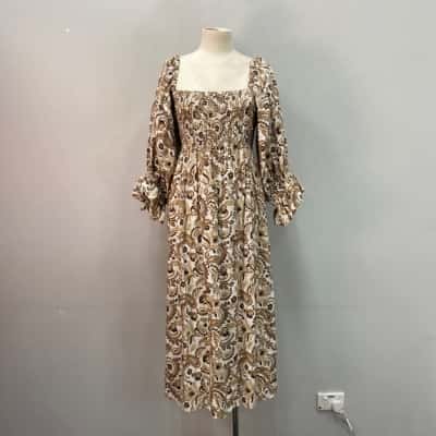 Seed Heritage Linen Blend Womens  Size 16 Maxi Dress Brown / Off White 