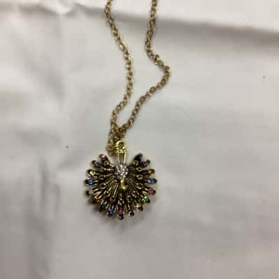 Multicoloured Peackcock Booch pendant chain
