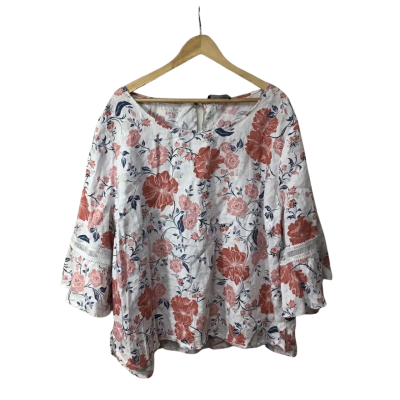 Curve by Jacqui-E Womens Size 24+ White / Coral / Blue / Floral Linen Short Sleeve Top