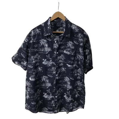 Elliotts Mens Size L Navy Blue /  White Tropical Island Pattern Short Sleeve Shirt