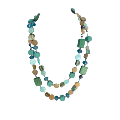  Womens Multi beaded necklace wiht a mix of blue, green and neutral colored beads 