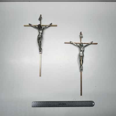 Vintage Silver Tone Metal Wall Crucifix Cross Set of 2 Religious Decor 30cm
