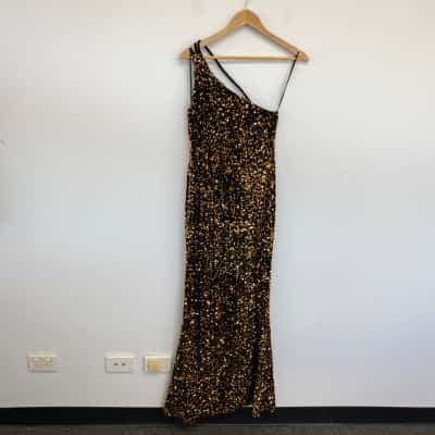 HELLO MOLLY Black Gold Sequin Side Split One Shoulder Maxi Dress  Size 12 