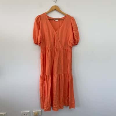 Seed Heritage Orange 100% Linen Midi Dress  Size 12 