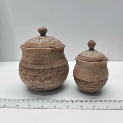Vintage Australian Studio Pottery Lidded Pots Canisters Set 2 Signed MIA Brown