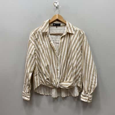 Zara Womens  Size M Long Sleeve Cropped Linen blend Shirt Beige / Off White / Striped 