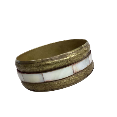 Vintage Brass & Mother of Pearl Inlay Bangle with- Floral Engraved