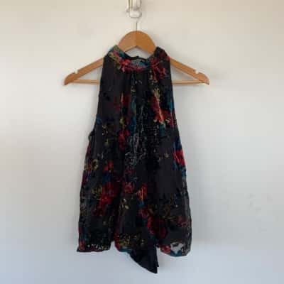 Monsoon Black Floral Halter Neck Velvet Top Size 12 