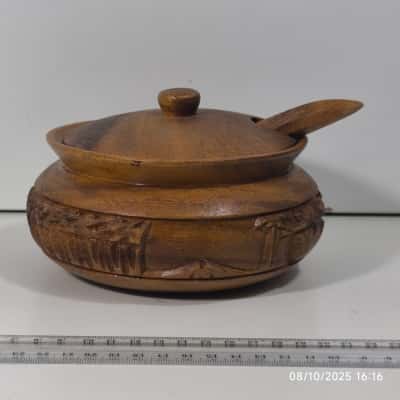 Wooden Hand Made Salt Sugar Bowl Lid and Spoon 