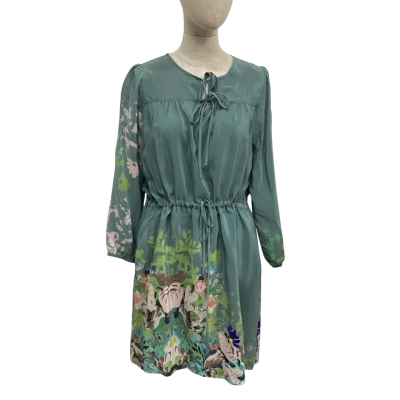 Johnny Was Womens  Size M Long Sleeve Silk Drawstring Dress / Mini Dress Teal 